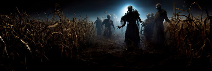 A sprawling, haunted cornfield maze with eerie scarecrows, dimly lit lanterns, and hidden surprises lurking in the shadows.