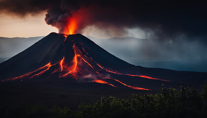 A fiery inferno erupts from the depths of a restless active volcano, spewing molten lava and ash into the sky