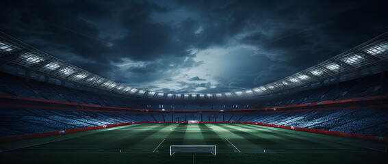 soccer stadium with green grass, illumination lights and dra - obrazy, fototapety, plakaty