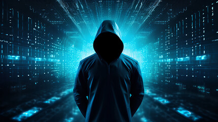 Dangerous Hooded Hacker Breaks into Government Data Servers and Infects Their System with a Virus. His Hideout Place has Dark Atmosphere, Multiple Displays, Cables Everywhere