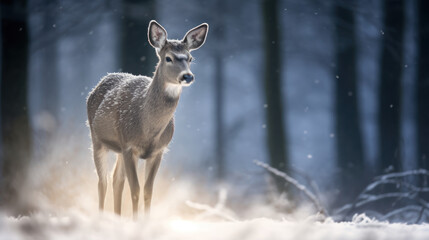 jeune daim dans la neige en hiver près d'un bois