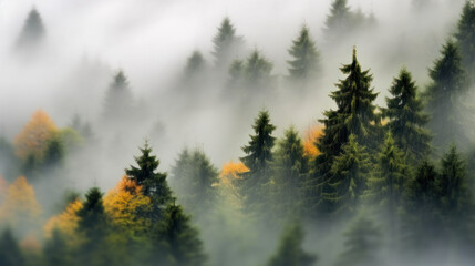 forêt de sapin dans le brouillard en automne - obrazy, fototapety, plakaty