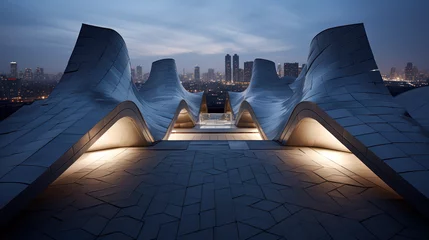 Foto op Plexiglas toit terrasse illuminé de nuit, bâtiment moderne d'architecte aux formes contemporaines et futuristes © Sébastien Jouve