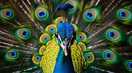 front view Portrait of beautiful peacock with feathers out