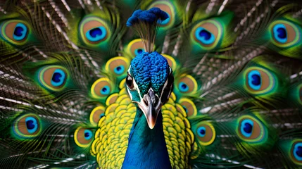 Tuinposter front view Portrait of beautiful peacock with feathers out ©  Mohammad Xte