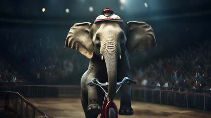 Happy Elephant Riding A Bike in circus - obrazy, fototapety, plakaty