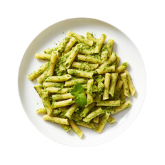 Pesto Pasta on a White Plate on Transparent Background.