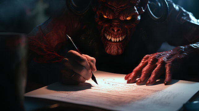 The devil Signing a contract in his office.
