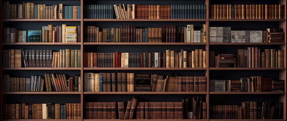 Books on Shelves in Library or Study with Classic Dark Wood - obrazy, fototapety, plakaty