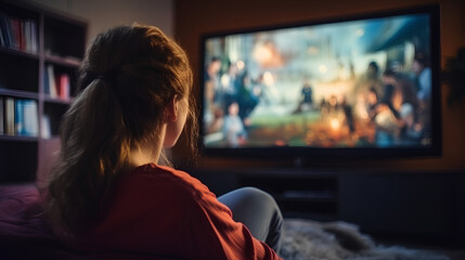 Woman Watching TV series and movies via streaming service - obrazy, fototapety, plakaty