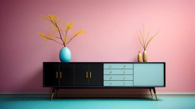buffet contemporain noir et bleu devant un mur verge de couleur rose