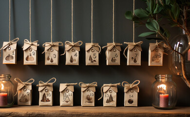 Christmas advent calendar. Kraft gift box. Eco friendly Christmas gifts diy.Christmas gifts and holiday traditions concept