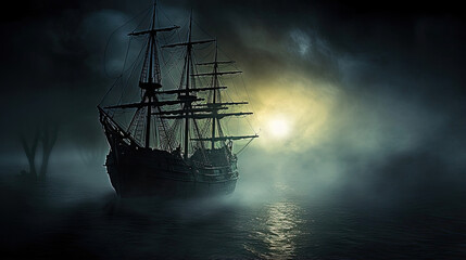 Ghost Ship Sailing through Mist