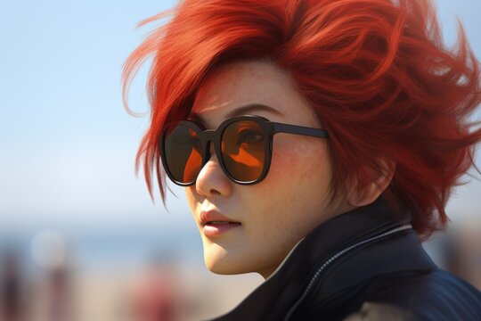 A woman with vibrant red hair and stylish sunglasses enjoying a relaxing day on the beach. This image can be used to portray summer, vacation, leisure, or travel themes