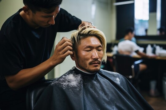 A man sitting in a barber chair getting his hair cut. This image can be used to showcase a professional barber shop experience