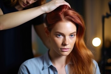 Naklejka premium A woman sitting in a salon chair getting her hair styled by a professional hair stylist. This image can be used to showcase hair styling services or to depict a pampering experience at a salon