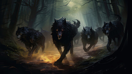 Werewolf Pack Roaming a Dark Forest