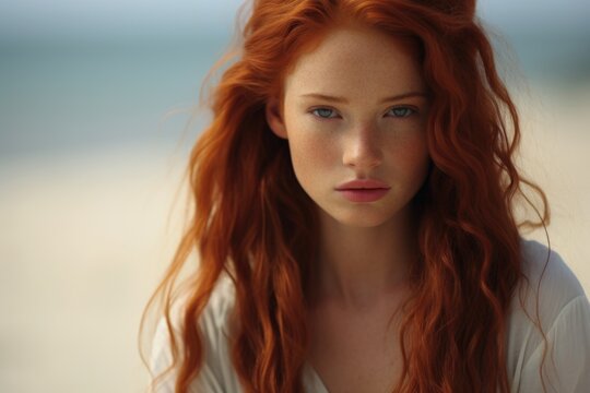A woman with long red hair is pictured on a beautiful beach. This image can be used to depict relaxation, vacation, or enjoying the sun and sea