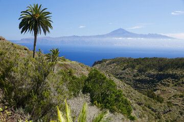 La Gomera, Spain. View of Teide volcano from the plateau above the Gomeran village of Agulo. 