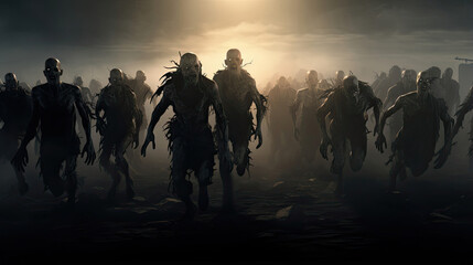 Fototapeta na wymiar Zombie Horde Marching through Fog