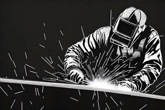 Construction Engineer Welder Working On Fusing Manufactured Parts In Warehouse Factory With Sparks Flying Monochrome Sketch Comic Style