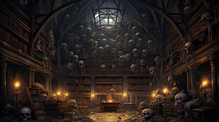 Skulls in Cobweb-Covered Library