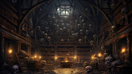 Fototapeta premium Skulls in Cobweb-Covered Library