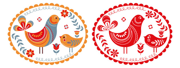 A bird with a baby bird in the oval-patterned frame. Logo, emblem, mascot, stamp. Folk art. - obrazy, fototapety, plakaty