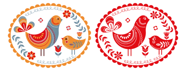 Foto op Plexiglas A bird with a baby bird in the oval-patterned frame. Logo, emblem, mascot, stamp. Folk art. © skaska_i
