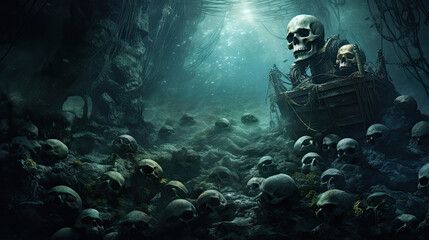 Skulls Underwater in a Haunted Shipwreck - obrazy, fototapety, plakaty