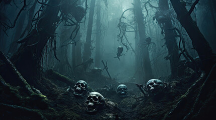 Skulls in the Misty Fog of an Enchanted Forest