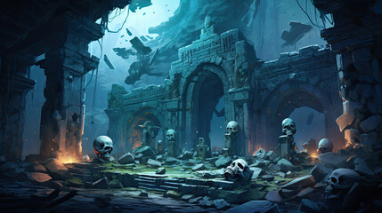 Skulls in the Crumbling Ruins of an Altar
