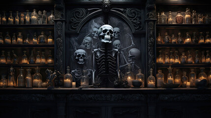 Fototapeta na wymiar Skulls in a Haunted Apothecary