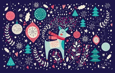 Vector Christmas illustration with beautiful Christmas deer, toys and snowflakes. Decorative Christmas and New Year banner. Greeting Christmas card 