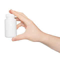 Hand with empty pill bottle isolated on transparent background. PNG. Bottle with pills. Mockup.	