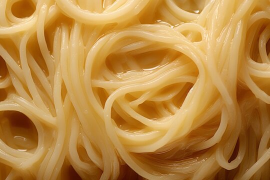 a macro close-up image of cooked italian pasta noodles spaghetti or linguine with cream sauce and ground black pepper filling the frame.