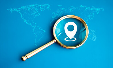 Location, pin point icon in luxury gold magnifying glass lens on world map on blue background....