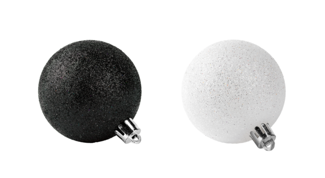 Black and white sparkling Christmas balls and ornaments isolated on white. Everything you need for the winter holidays.