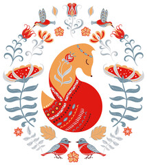 Red Fox with ornament in a frame of flowers and leaves. Folk Art. Scandinavian style. Logo, t-shirt design, label, logo.