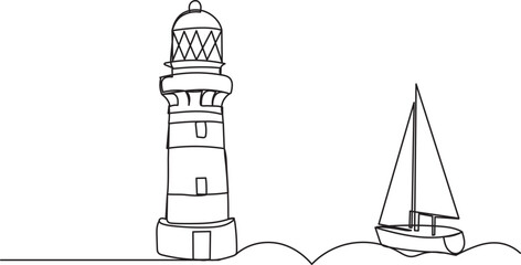 lighthouse and sail continuous line drawing, on a white background, vector