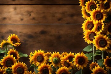 3D rendering of vibrant sunflowers arranged on a rustic wooden board with ample copy space, creating a captivating and cheerful natural backdrop for various creative uses.