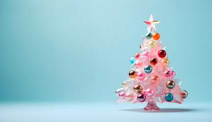New Year pink Christmas tree made of glass, decorated with colorful candy crystal ball ornaments on a pastel teal blue background. Festive Xmas holiday season, modern banner design. 
