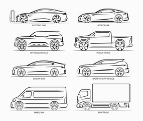 Set of vector car silhouettes. Side view of electric vehicle, sedan, coupe, SUV, off-road vehicle, panel van, pickup, box truck. - obrazy, fototapety, plakaty