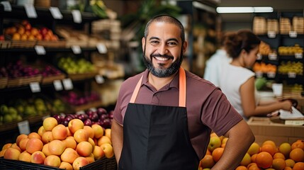 Hispanic male worker in supermarket - obrazy, fototapety, plakaty