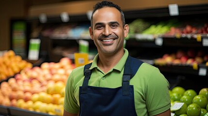 Hispanic male worker in supermarket - obrazy, fototapety, plakaty