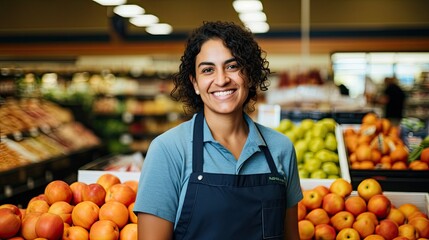 Hispanic female worker in supermarket - obrazy, fototapety, plakaty