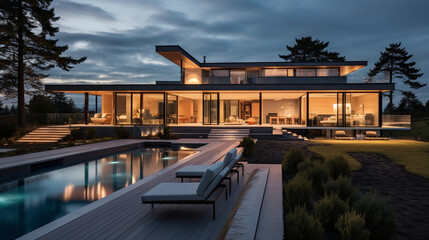 Fototapeta premium Sustainable Bliss: A Modern Home Embracing Wind Turbines, a Symbol of Environmentally Conscious Living in the 21st Century