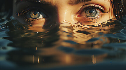 Woman Peeking Above Water: Sea Reflecting in Eyes - obrazy, fototapety, plakaty