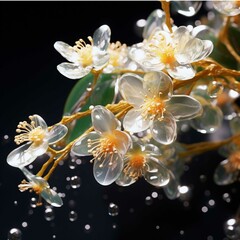 Bouquet of cherry blossoms with dew drops on black background