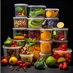 Plastic containers with different kinds of vegetables and fruits on black background